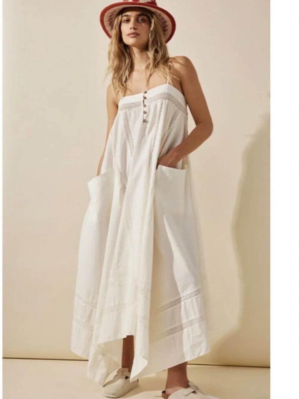 Free people Cream Button-Front Maxi Sundress with Spaghetti Straps